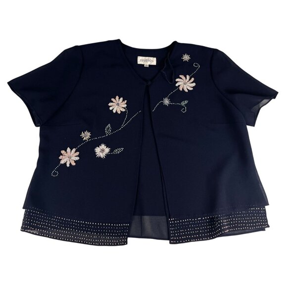 Studio I Floral Beaded Cardigan Bolero Jacket Women's 16 Navy Blue Short Sleeve - Picture 1 of 6